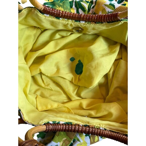 Vintage Floral Print Round Bamboo Handle Bag With Yellow Lining & Magnetic‎ Snap - Picture 6 of 6